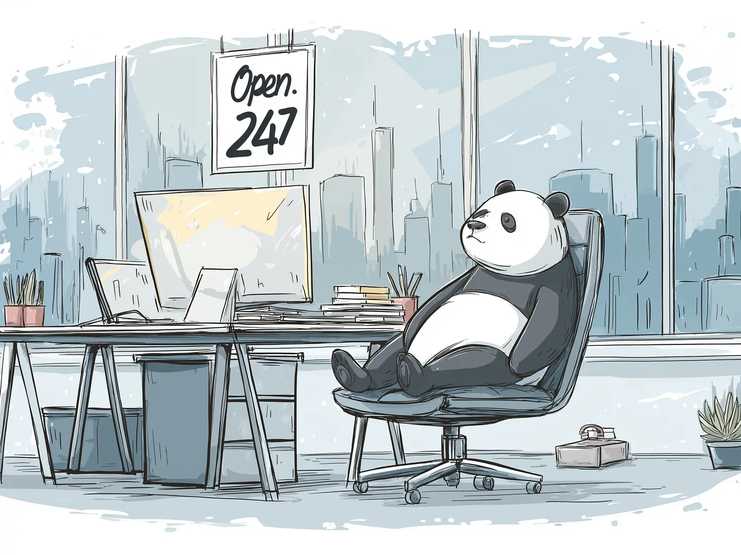 Illustration of the Averly panda relaxing at an office desk under an Open 24/7 sign